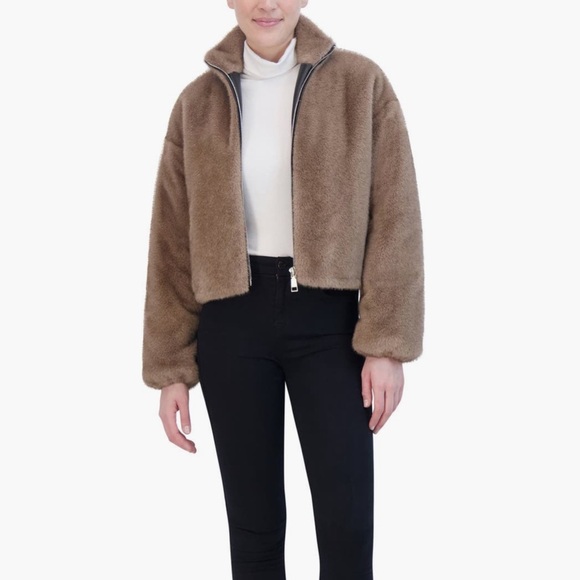 NWT Rebecca Minkoff Faux Fur Crop Jacket size large taupe color - Picture 6 of 7